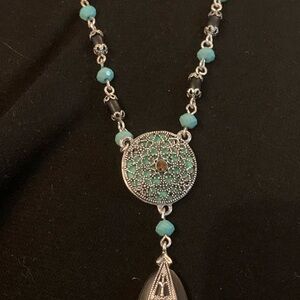 Vintage Nina Ricci Turquoise Beaded Silver Pendant Necklace - Women Jewelry